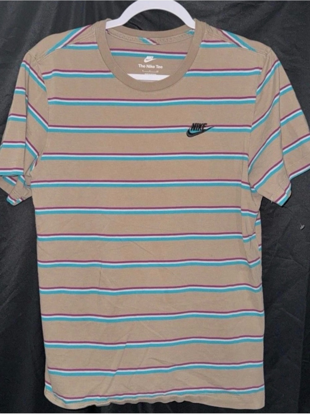 Nike Tan Stripe Short Sleeve Tee with Teal & Purple Accents